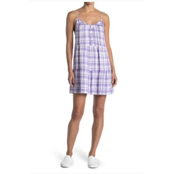 Abound Plaid Shift Dress Womens Plus 1X Purple White Adjustable Straps Tiered - Picture 1 of 11
